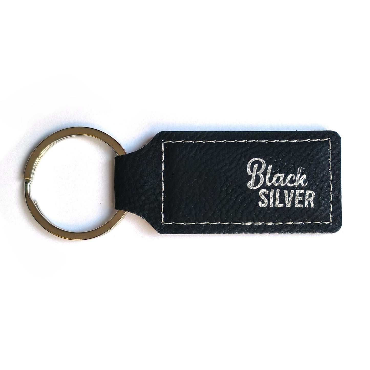 Black / Silver leatherette keychains - RECTANGULAR - Pack of 5