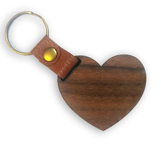 6mm Walnut & Leather Keyrings, Heart - Pack of 10